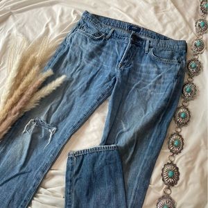 Agolde Jeane Straight Leg Cinched Hem Busted Knee Size 28, Mom Jeans